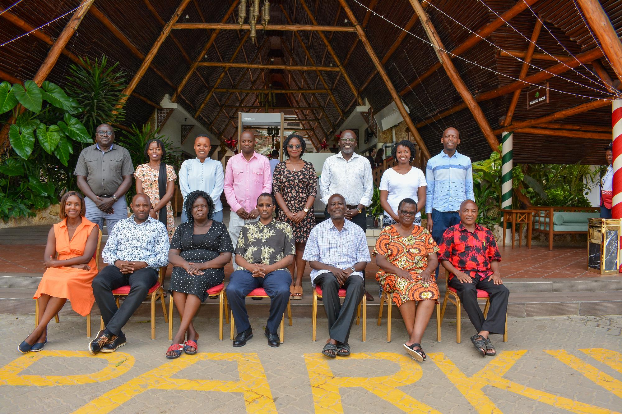 Ahmed Issack Hassan (Seated Centre), Chairman, other Board Members and Staff in a photograph during the Institute's Board of Directors Retreat held at the Travellers Beach Hotel & Club, Mombasa from 18th - 22nd December, 2023