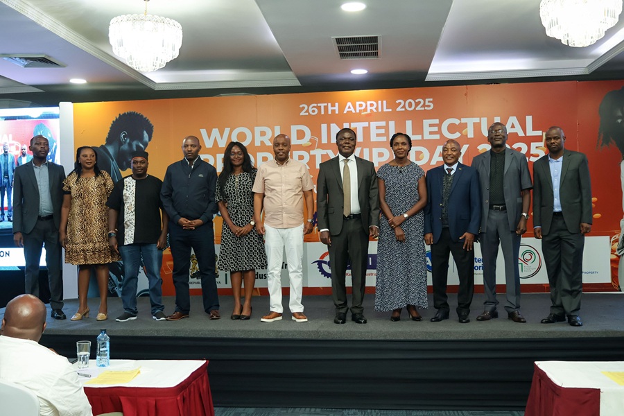 Dr. Juma Mukhwana (5th Right), Principal Secretary, State Department for Industry, flanked by Allan Kosgey (6th Right), KIPI Board Chairman, pose for a group photo with the Board Members after Dr. Mukhwana closed the World IP Day 2025 celebrations 