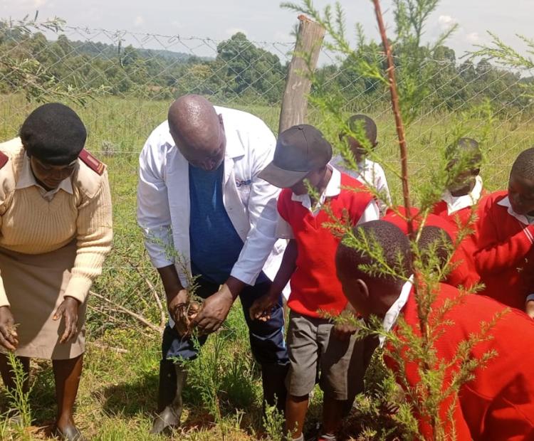 Photo: Zeituni Rashida (Left), Senior Assistant Chief, and Institute’s Joshua Nyakundi (2nd Left) and Jane Nyamwamu (Partly hidden) are joined by pupils of Chepkoiyo Comprehensive School in planting trees around the School’s compound